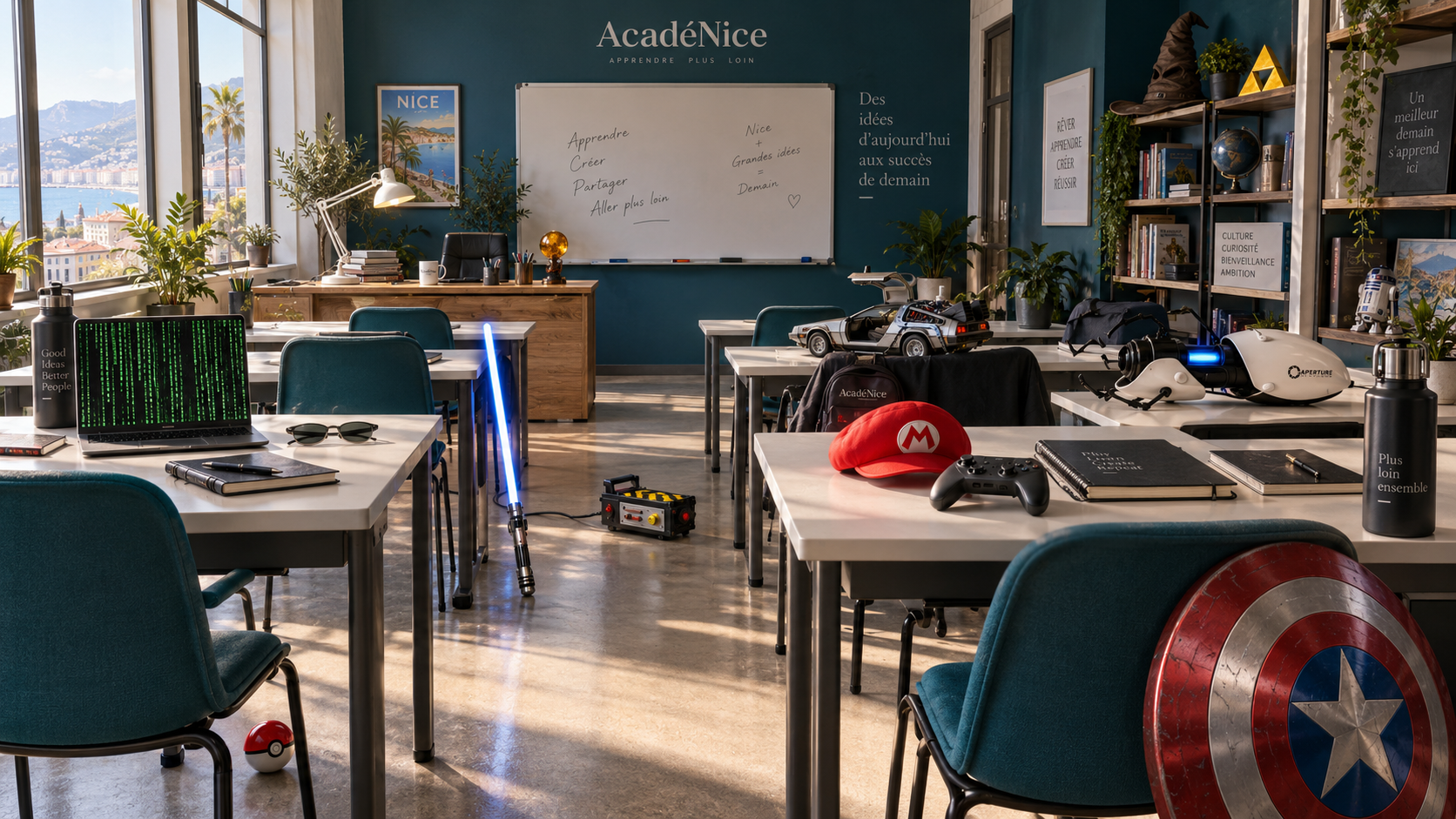 Une salle de classe moderne AcadéNice dans laquelle des objets de cinéma et de jeux vidéo sont cachés.